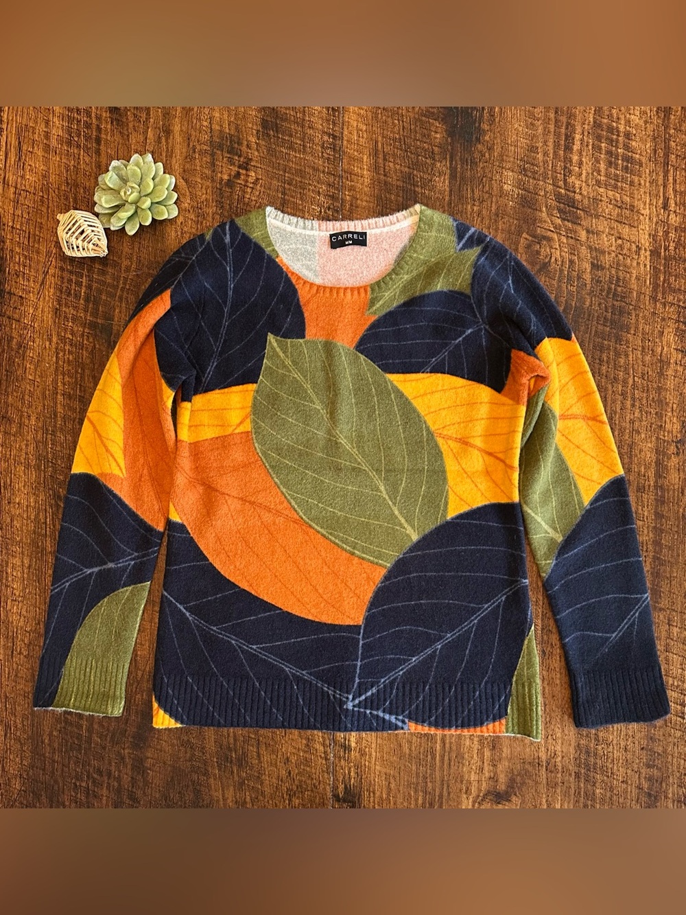 CARRELI | Leaf Print Knit Crewneck Sweater, Wool Blend, Abstract Multicolor, M